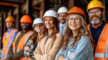A diverse group of workers with helmets and high-visibility vests smiling cheerfully.