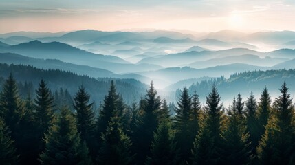 A tranquil scene of mist-covered mountains at sunrise with layers of hills and a forest in the foreground.