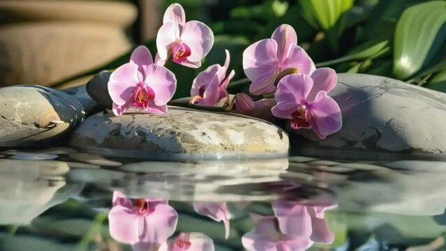 pink Orchids and spa stones balance on calm water, claming spa videos, calming ambient videos, relaxing videos, seamless looping 4k videos, youtube, stock videos, asmr videos, calming nature videos