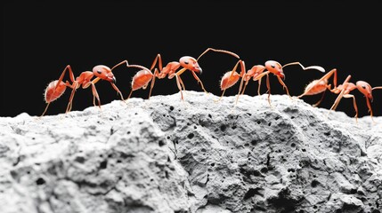 Fototapeta premium A line of vibrant red worker ants on a stark, textured surface against a black background, marching in search of food.