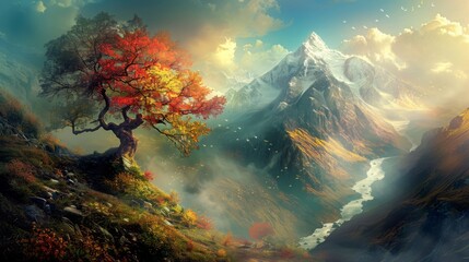 A vibrant landscape with a red leafed tree, a mountain backdrop, a river leading to a lake, and sunset hues.