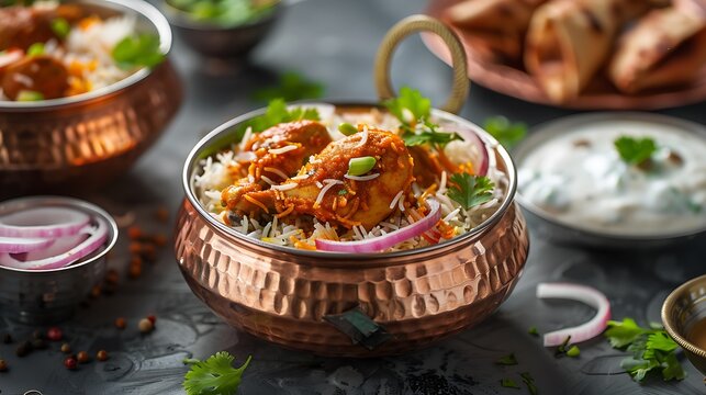 chicken dum biriyani served in copper handi or bowl with onion raita