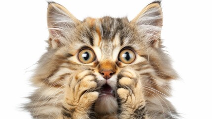 A surprised fluffy cat with wide eyes, covering its mouth with paws against a white background.