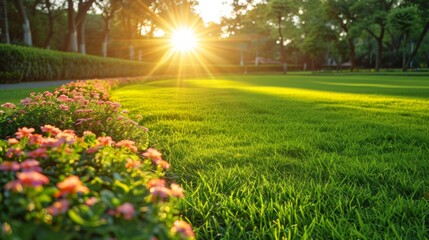 Obraz premium Sunlight breaks through trees onto a manicured lawn with vibrant flowerbeds at sunset.