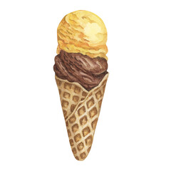 Lemon, banana or pineapple and chocolate ice cream scoops in waffle cone. Two flavors snack clipart . Dessert realistic watercolor illustration of cold treats for menu, culinary design, summer fair