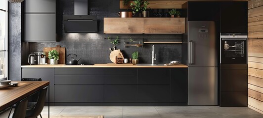 Modern and small kitchen with wooden cabinet and countertop, black cabinetry, oven, sink and refrigerator. 
