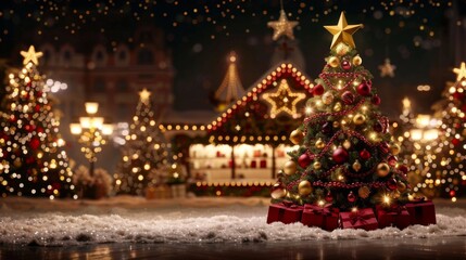 A beautifully adorned Christmas tree sparkles with festive lights against a magical holiday market backdrop.