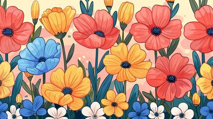 A vibrant watercolor illustration of various colorful flowers, including poppies and daisies, against a soft pastel background.