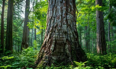 rough bark texture amidst lush green foliage in a tranquil forest, Generative AI