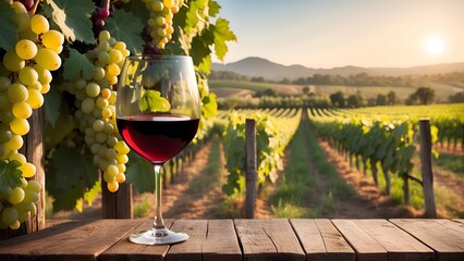 Naklejka premium A glass of red wine on a rustic wooden table in front of a beautiful vineyard in the sunset