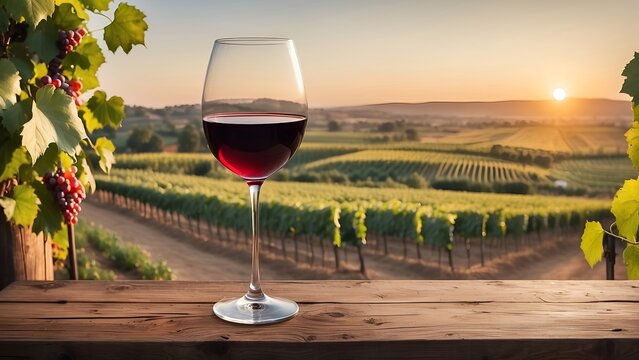 A glass of red wine on a rustic wooden table in front of a beautiful vineyard in the sunset