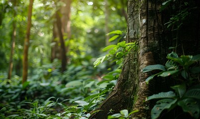 Naklejka premium rough bark texture amidst lush green foliage in a tranquil forest, Generative AI