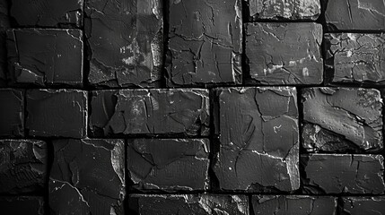 Close-up of a textured black brick wall with rough, uneven surfaces for a strong, dramatic...