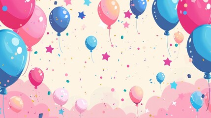Colorful balloons floating in a festive sky with stars and confetti, creating a joyful and celebratory atmosphere perfect for celebrations.