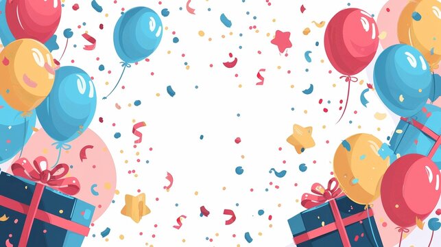 Colorful celebration background with balloons, gift boxes, and confetti, perfect for party invitations and holiday greetings.