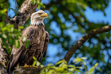A white-tailed eagle sits on a branch of a tall tree. Green leaves, blue sky. Naturalism, focus on the bird.