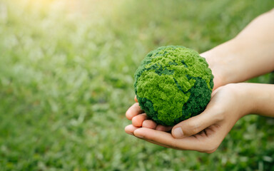 Environment World Earth Day Concept. Hand holding green globe for Care, Saving, Protecting Planet to sustainable environment development. Green business, Green Energy Renewable, ESG,