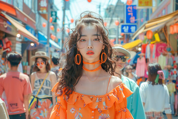 Fototapeta premium portrait of beautiful korean woman, street fashion