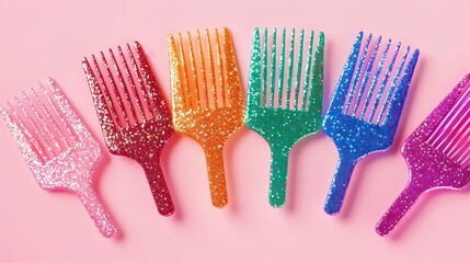 Colored hair combs with glitter finish isolated on a pink background