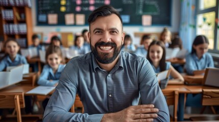 Obraz premium Portrait of a smiling male teacher in an elementary classroom with students in the background.