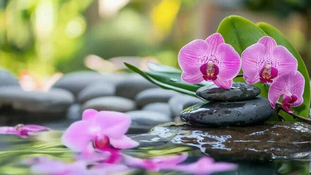 pink Orchids and spa stones balance on calm water, claming spa videos, calming ambient videos, relaxing videos, seamless looping 4k videos, youtube, stock videos, asmr videos, calming nature videos