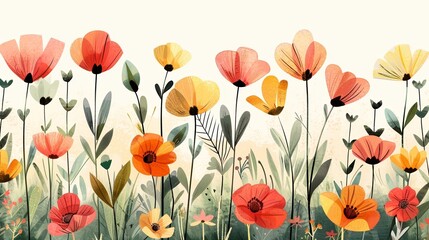 Fototapeta premium Colorful watercolor meadow flowers painting with delicate petals and green stems, creating a vibrant and cheerful floral landscape.