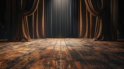 Empty wooden stage with dramatic lighting and heavy curtains, suitable for theater and performance-related content.