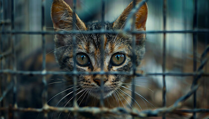 Recreation of a abandonment kitten in a cage of an animal shelter