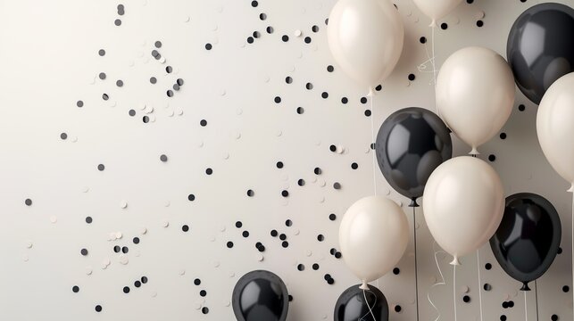 Elegant celebration scene with black and white balloons and confetti against a light background, perfect for party and festive themed designs.