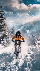 An image of a mountain biker navigating a challenging trail, portraying the adrenaline-fueled excitement of downhill mountain biking, In Winter. Generative Ai
