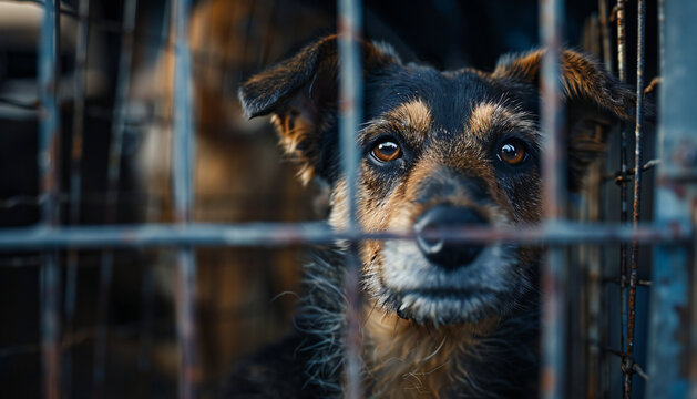 Recreation of a abandonment dog in a cage of an animal shelter