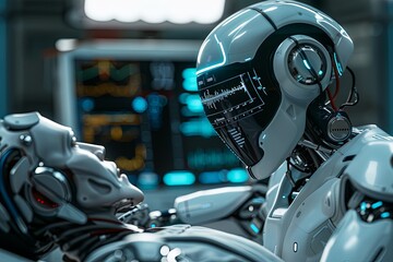 Fototapeta premium A robot doctor examines a patient lying on a medical table, with futuristic medical equipment in the background. Generative AI