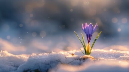 Purple crocuses emerging from snow with a soft-focus backdrop, capturing the essence of early spring.
