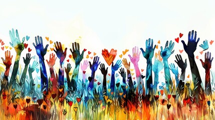 A vibrant illustration of multicultural hands raised with hearts symbolizing unity and diversity.