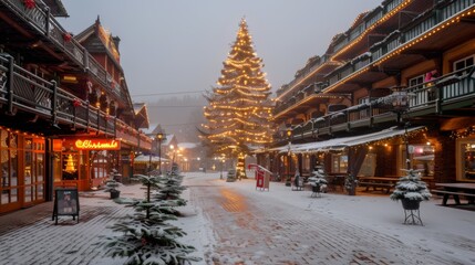 A snowy Christmas village with a brightly lit tree, decorated buildings, and a tranquil winter atmosphere.