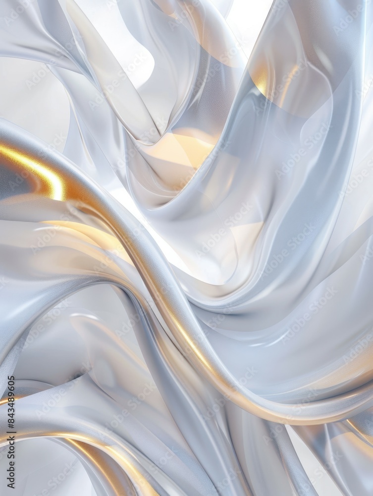 Poster flowing, white and gold translucent fabric-like shapes create an elegant, abstract design with soft 
