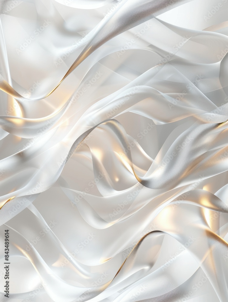 Poster flowing, white and gold translucent fabric-like shapes create an elegant, abstract design with soft 