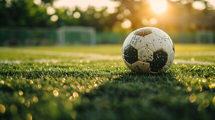 football on a grass field close up view with out of focus background