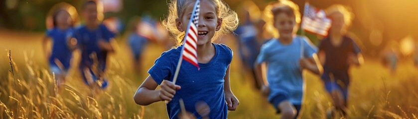 Naklejka premium Kids running with American flags in a field during a summer celebration event