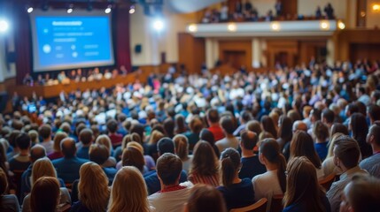 Back view of an audience attentively watching a presentation at a conference hall.