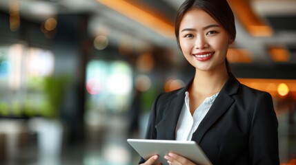 Fototapeta premium A professional young Asian businesswoman holds a tablet, smiling confidently in a modern office environment.