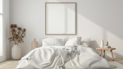 Frame mockup, modern home bedroom interior, wall poster frame