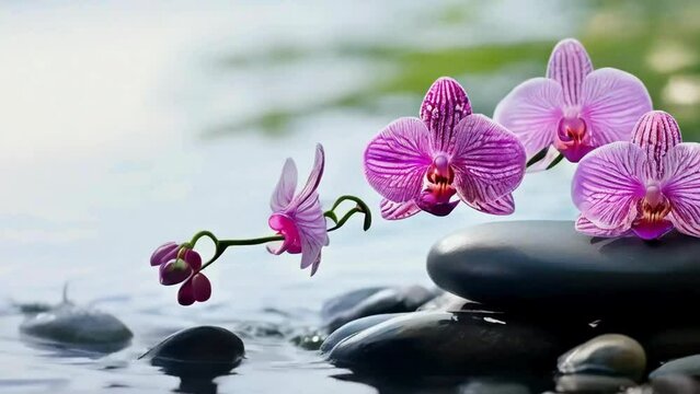pink Orchids and spa stones balance on calm water, claming spa videos, calming ambient videos, relaxing videos, seamless looping 4k videos, youtube, stock videos, asmr videos, calming nature videos