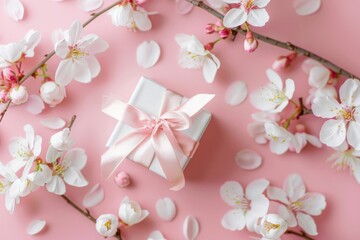 Photo of A small gift box with cherry blossoms on light pink background, representing the spring season and mothers-day