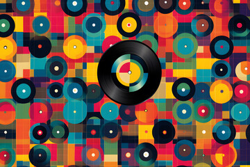 Retro geometric pattern with music vinyl records and colorful squares