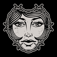 Woman and barbed wire with old school tattoo style