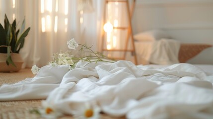 A cozy bedroom scene with crumpled white bedding and pillow, soft lighting, and a plant in the background.