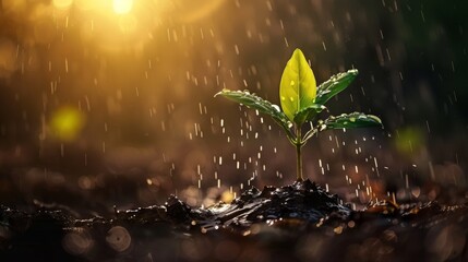 A young plant with vibrant green leaves and a water droplet glistens in the sunlight among raindrops. - Powered by Adobe