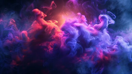Neon object covered in colorful smoke with dark background,