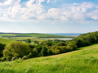 Obraz premium An overview of Abbotsbury village and surrounding fields and Chesil beach from St Catherine`s Hill in Dorset on a sunny morning in May